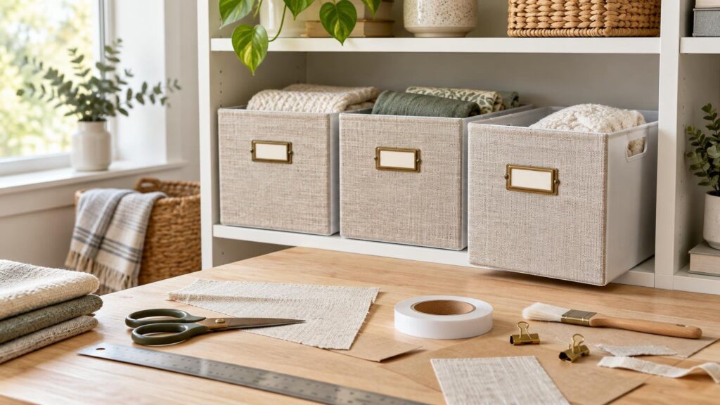 Three light beige fabric-front storage bins with brass label holders sit on white shelving above a wooden DIY worktable with fabric scraps, scissors, tape, a ruler, and a paintbrush.