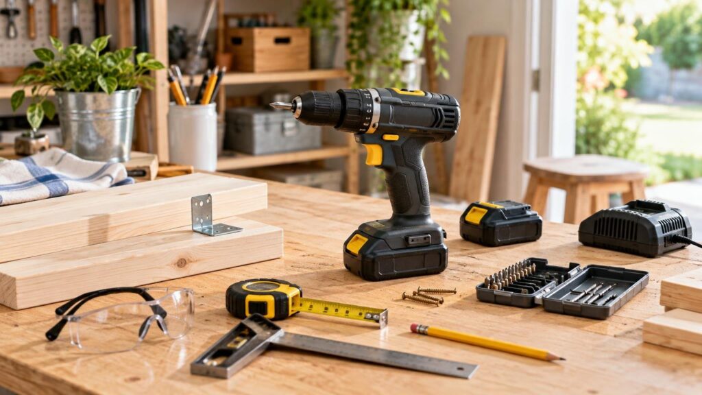 Cordless drill, spare battery, charger, drill-bit case, measuring tape, safety glasses, wood boards, screws, and a metal bracket arranged on a sunlit workshop table.
