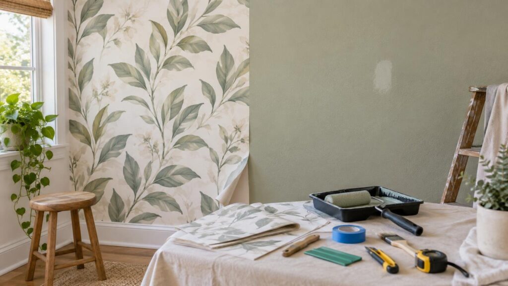 Sunlit room corner with botanical peel-and-stick wallpaper on one wall, a muted green painted wall beside it, and a table holding a paint tray, roller, tape, measuring tools, and a loose wallpaper sheet.