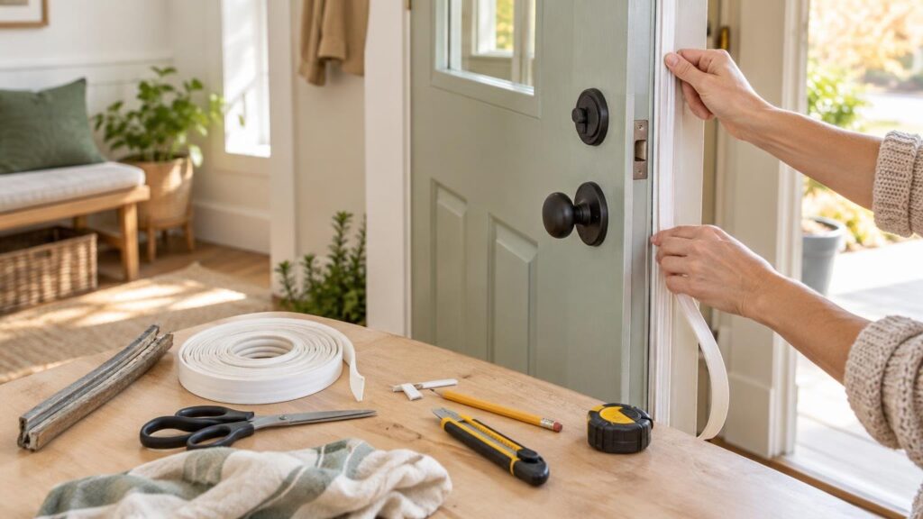 Person applying white adhesive weatherstripping around a partially open front door, with a roll of seal, scissors, utility knife, pencil, tape measure, and old worn stripping on a wooden table.